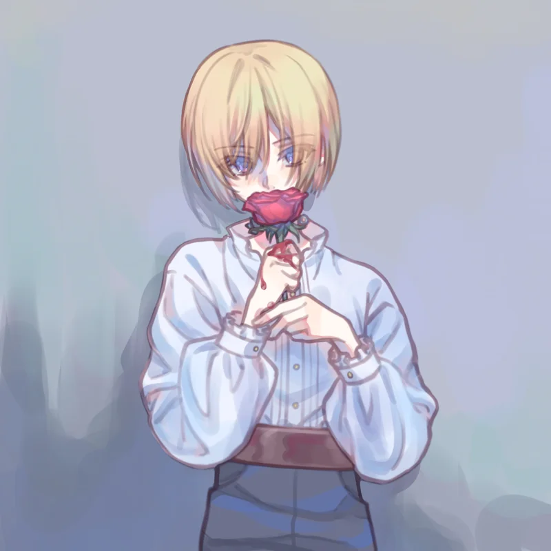 Louie holding a rose and bleeding