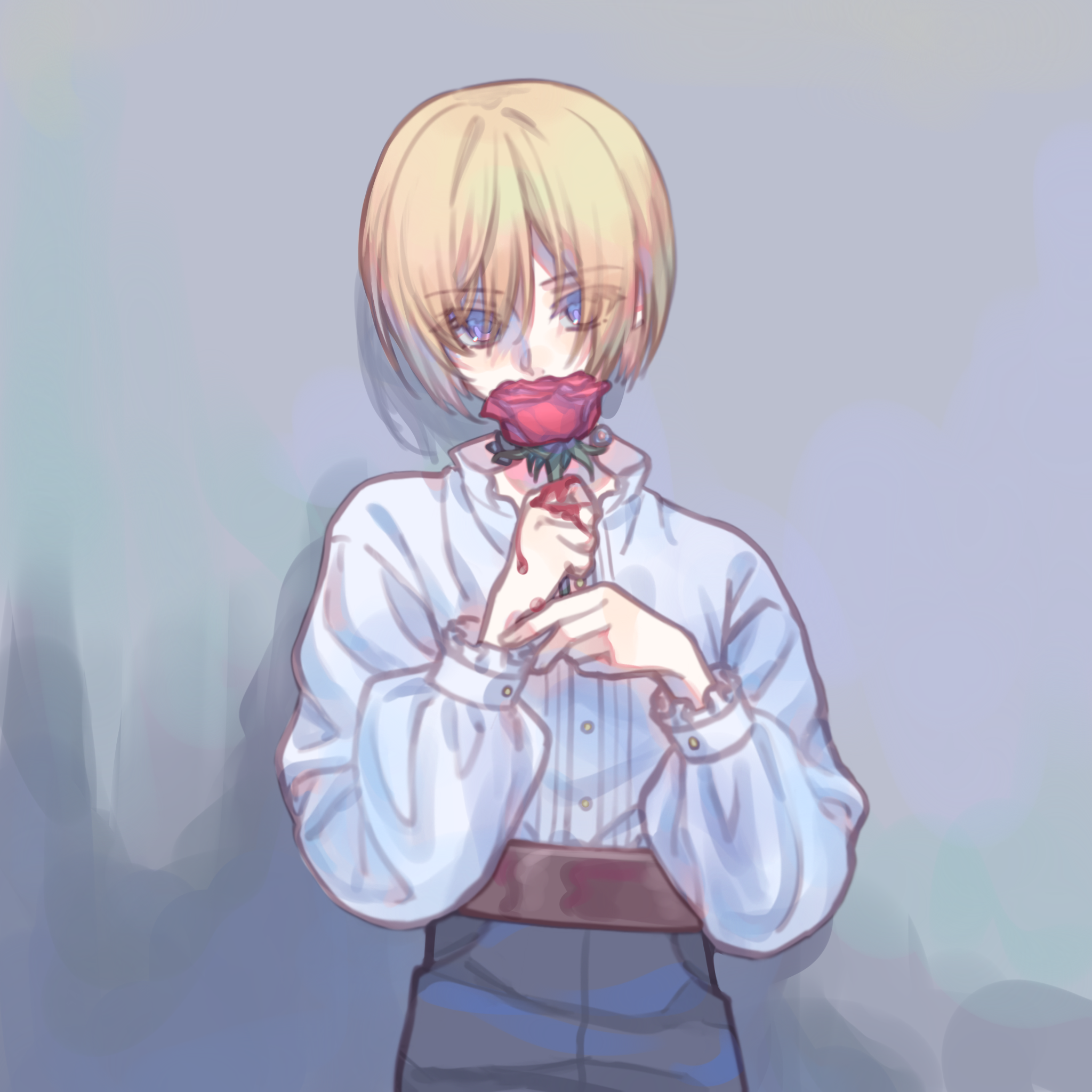 Louie holding a rose and bleeding
