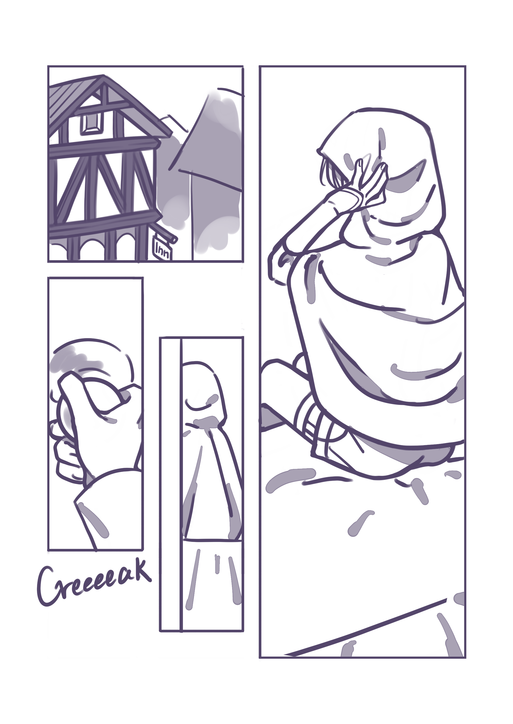 They arrive at an inn. The man pushes the door open with a creak, revealing a cloaked figure sitting inside.