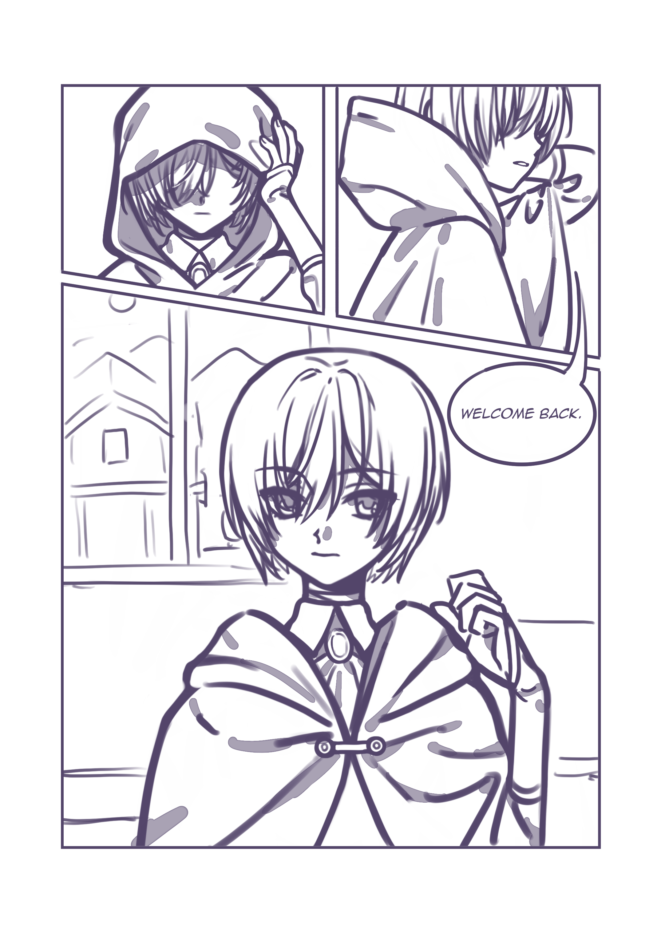Sensing their presence, the cloaked youth turns around, pulls down his hood, and says, "Welcome back."