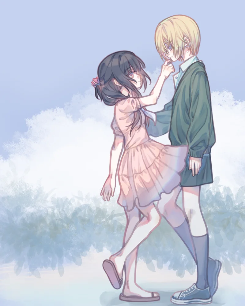 A soft, hand-drawn style illustration, showing a tender interaction between two anime-style characters. A girl with long dark hair, a flower accessory, and red eyes, wearing a pink tiered dress, stands on the left. She is barefoot, with one foot lifted, and is reaching up to gently touch the cheek of a blonde-haired boy with purple eyes. The boy wears a green cardigan over a white shirt, dark shorts, socks, and canvas shoes. They stand facing each other, looking into each other's eyes. The background is a gently colored, soft-focus setting of blue foliage at the bottom and a pale blue sky with cloud-like shapes at the top. The overall mood is quiet and intimate.Img 4181